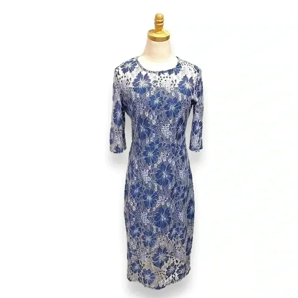 Anthropologie VONE Blue White Floral Lace Guipure Cocktail Mini Dress Small